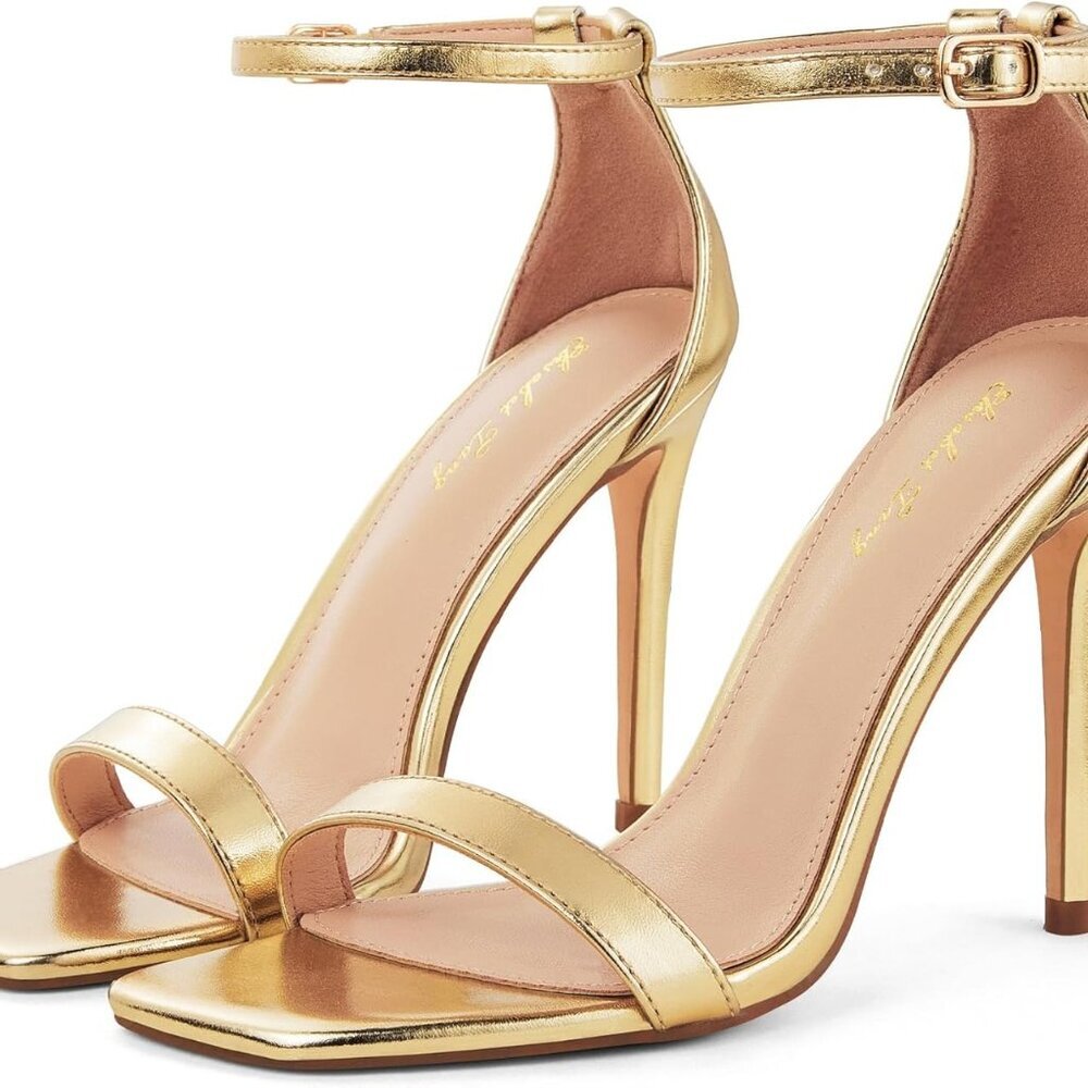 Women's Gold Stiletto Heels Square Toe Ankle Strap Dress Shoes 4 Inch